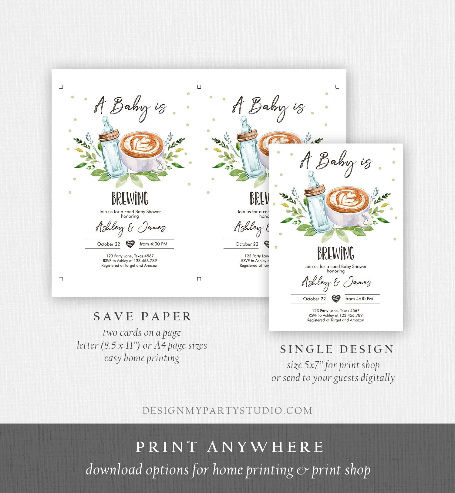 Editable A Baby is Brewing Invitation Bottle and Coffee Baby Shower Coed Couples Gender Neutral Download Printable Template Corjl 0190