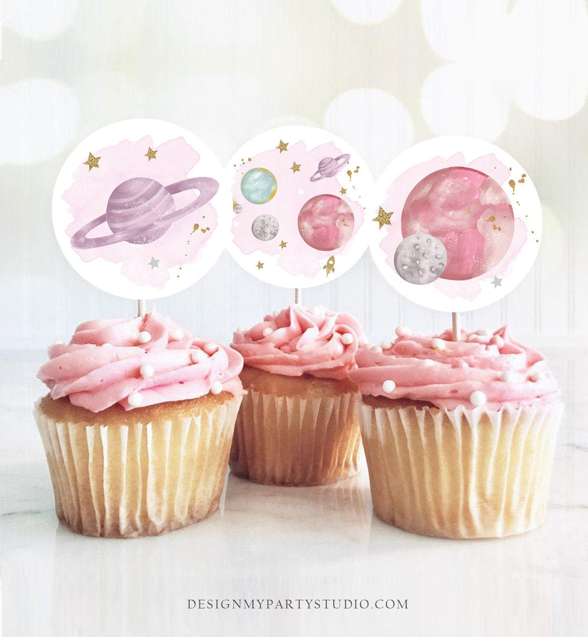 Outer Space Birthday Cupcake Toppers First Trip Around the Sun Favor Tags Space Birthday Planets Galaxy Girl Pink Digital PRINTABLE 0357