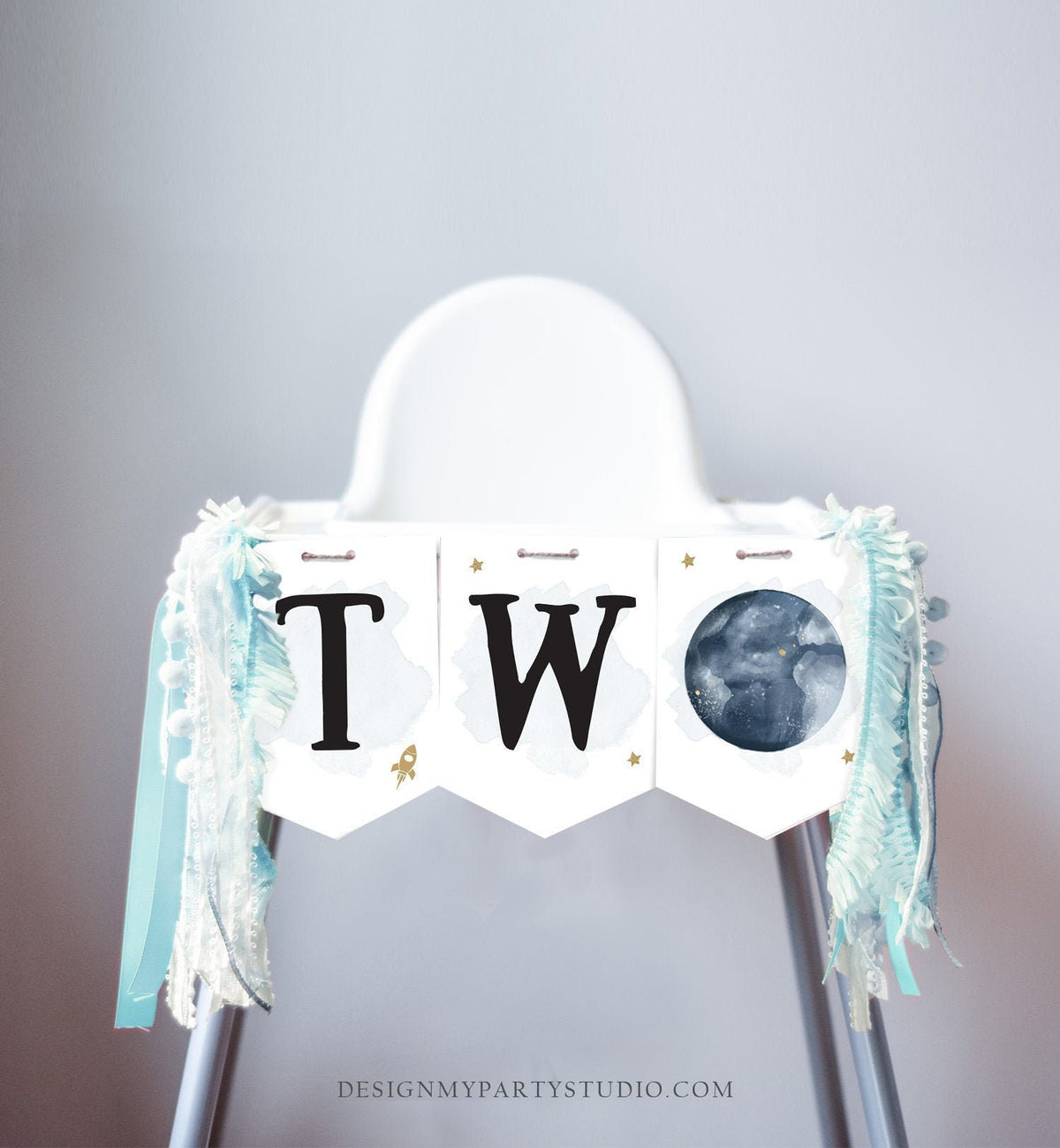 Outer Space Planets High Chair Banner Astronaut Rocket 2nd Birthday Boy High Chair TWO the Moon Banner Party Decor PRINTABLE Digital 0357