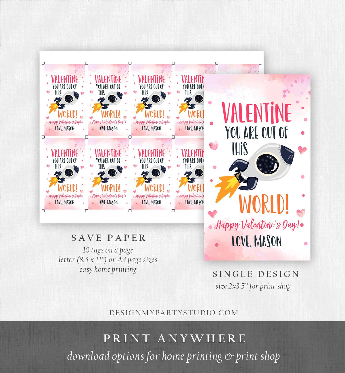 Editable Valentine You Are Out Of This World Favor Tag Thank You Space Rocket Ship Valentine&#39;s Day Tag School Non-Candy Printable 0370