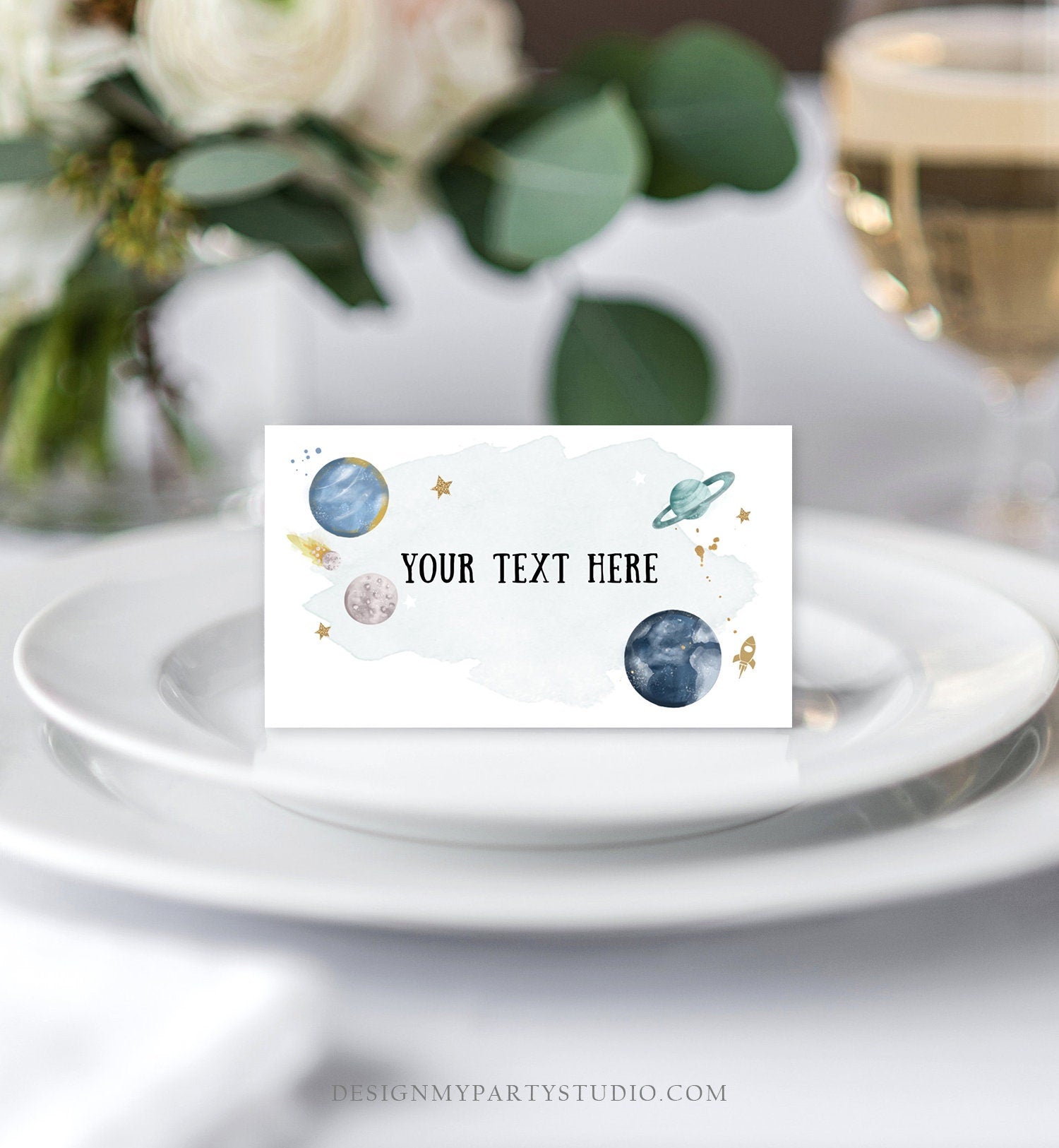 Editable Food Labels Outer Space Birthday Galaxy Food Labels Place Card Tent Card Escort Card Astronaut Around the Sun Template Corjl 0357