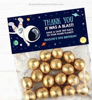 Editable Outer Space Astronaut Treat Bag Toppers Birthday Party Thank You It Was a Blast Sun Houston Boy Blast Off Corjl Template 0259