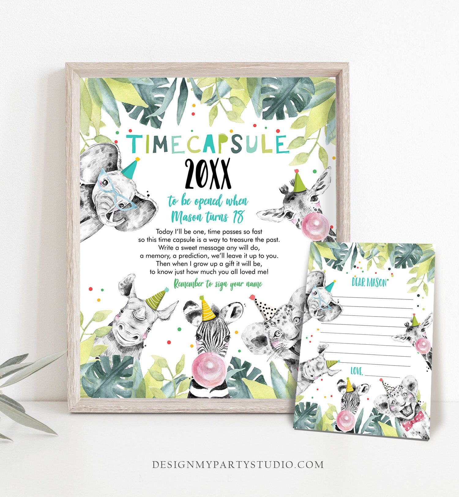 Editable Party Animals Time Capsule Boy Blue First Birthday Wild One First Birthday Party Zoo Safari Animals Jungle Corjl Template 0322