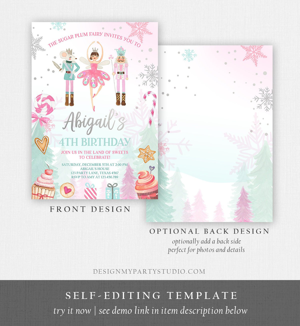 Editable Nutcracker Birthday Invitation Girl Land of Sweets Winter Pink Girl Sugar Plum Fairy Digital Download Template Printable 0352