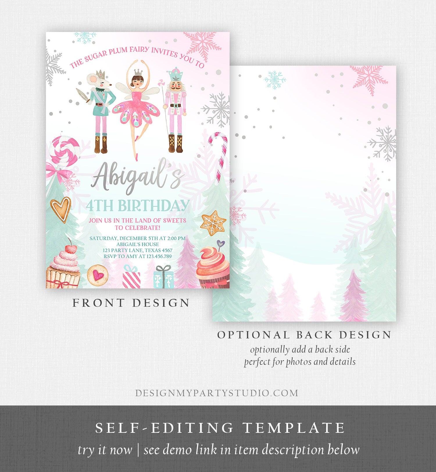 Editable Nutcracker Birthday Invitation Girl Land of Sweets Winter Pink Girl Sugar Plum Fairy Digital Download Template Printable 0352
