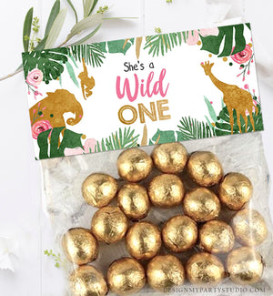 Editable Treat Bag Toppers Safari Animals Wild One Girl First Birthday Party Party Animals Gold Jungle Zoo Digital Template Printable 0016