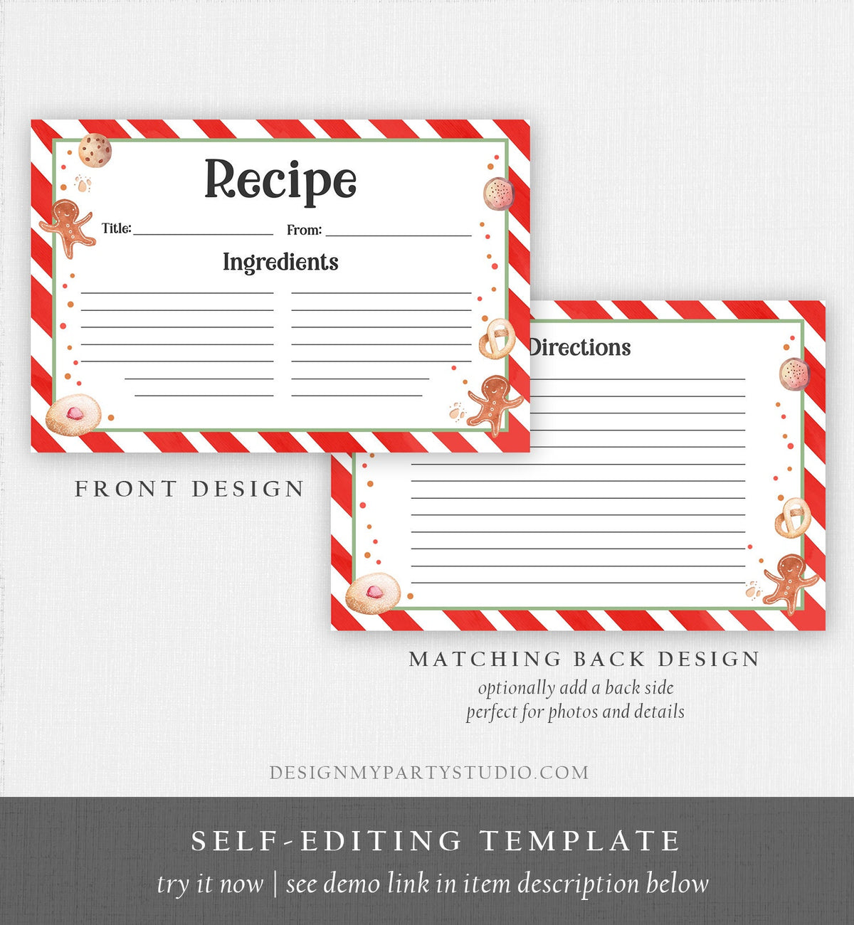 Editable Cookie Recipe Cards Cookie Exchange Christmas Holiday Party Cookies Swap Gingerbread 4x6 5x7 Download Corjl Template Printable 0358