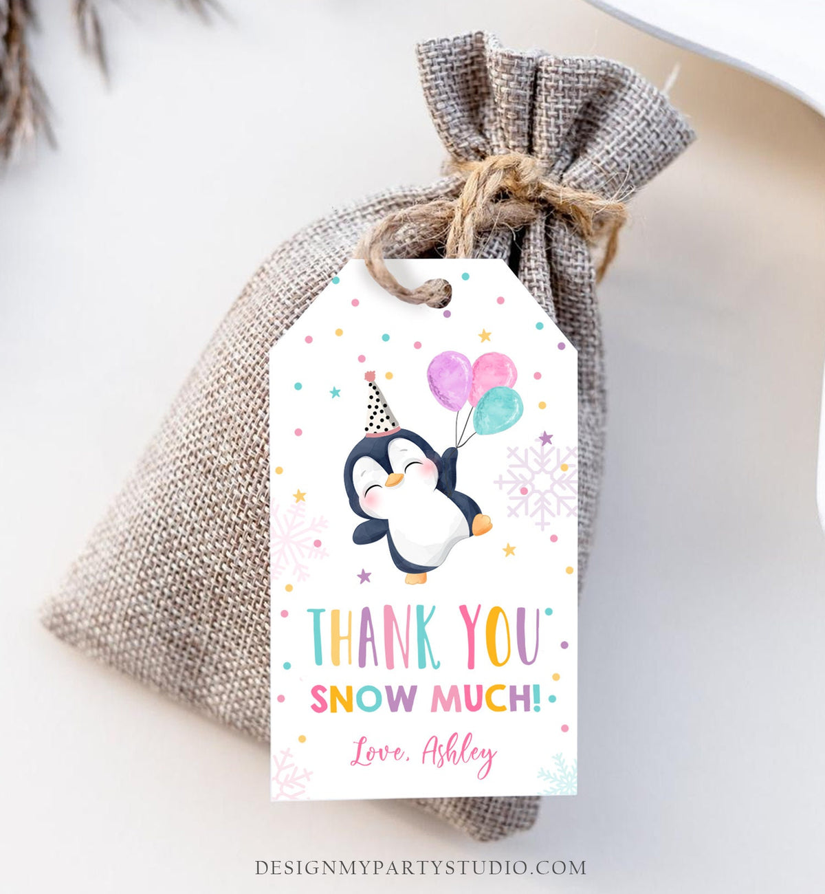 Editable Penguin Favor Tag Winter Birthday Tag Winter Onederland Thank You Gift Tags Pink Girl Party Animal Digital Template Printable 0372
