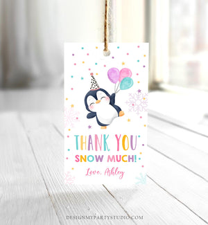 Editable Penguin Favor Tag Drive By Birthday Favors Winter Onederland Snow Thank You Gift Tags Pink Girl Corjl Template Printable 0372