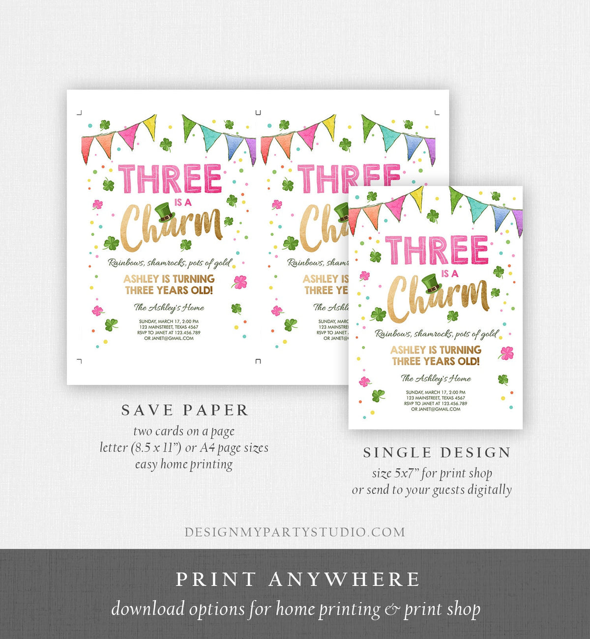 Editable St. Patrick&#39;s Day Birthday Invitation Shamrock Clover St Patricks Day 3rd Birthday Three Girl Printable Invite Template Corjl 0115