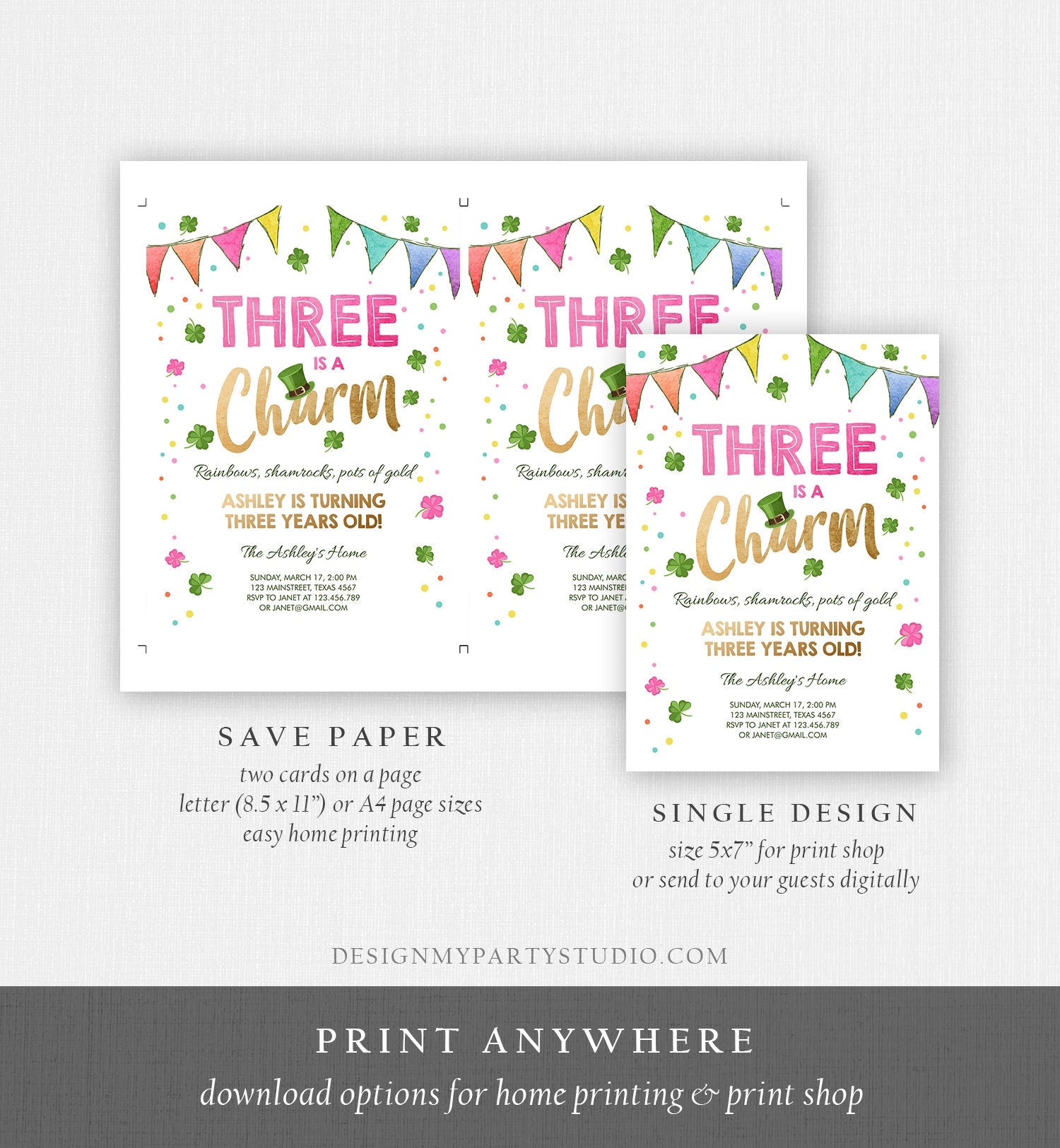Editable St. Patrick's Day Birthday Invitation Shamrock Clover St Patricks Day 3rd Birthday Three Girl Printable Invite Template Corjl 0115