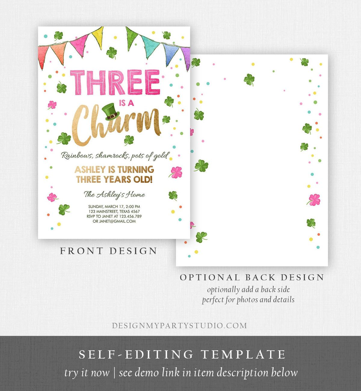 Editable St. Patrick&#39;s Day Birthday Invitation Shamrock Clover St Patricks Day 3rd Birthday Three Girl Printable Invite Template Corjl 0115
