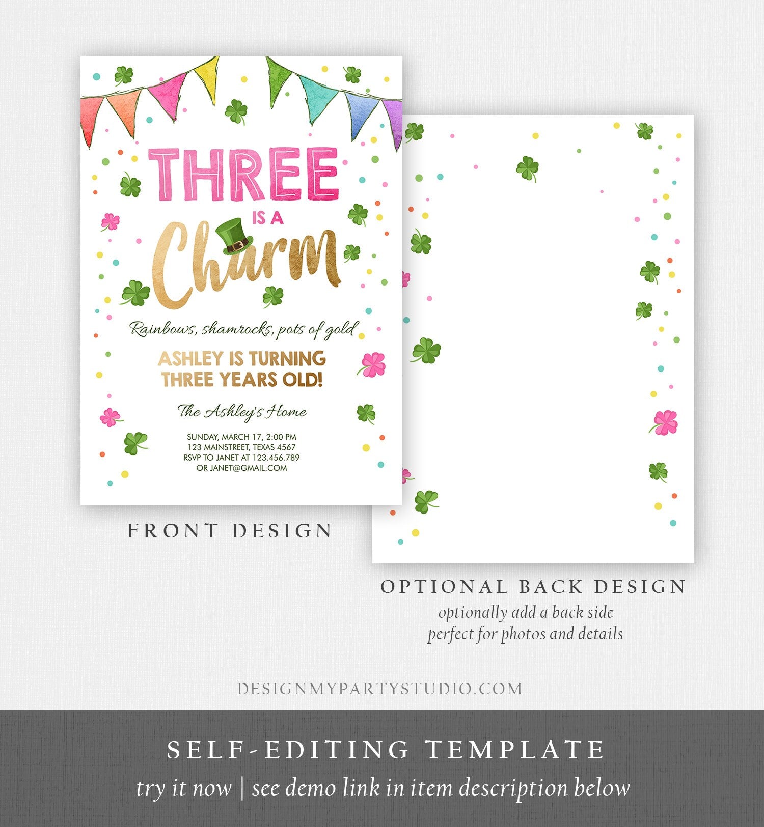 Editable St. Patrick's Day Birthday Invitation Shamrock Clover St Patricks Day 3rd Birthday Three Girl Printable Invite Template Corjl 0115