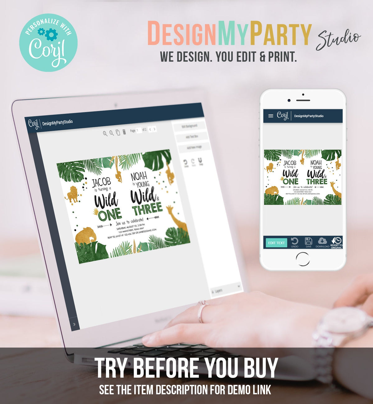 Editable Wild One Birthday Invitation Wild and Three Boys Brothers Birthday Safari Animals Jungle Download Printable Corjl Template 0016