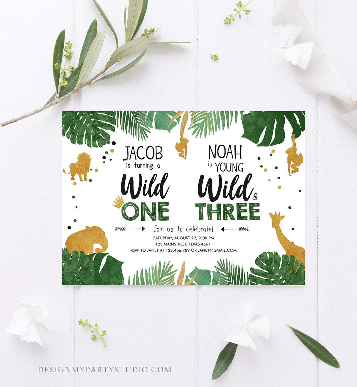 Editable Wild One Birthday Invitation Wild and Three Boys Brothers Birthday Safari Animals Jungle Download Printable Corjl Template 0016