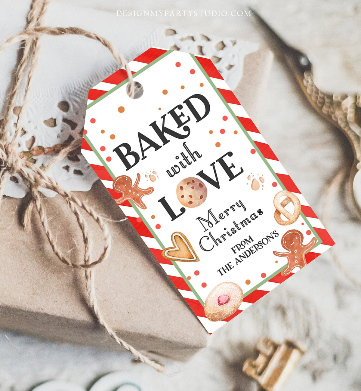 Editable Cookie Tag Baked With Love Tag Merry Christmas Favor Tag Cookie Gift Cookie Exchange Digital Download Template Printable 0358 0443