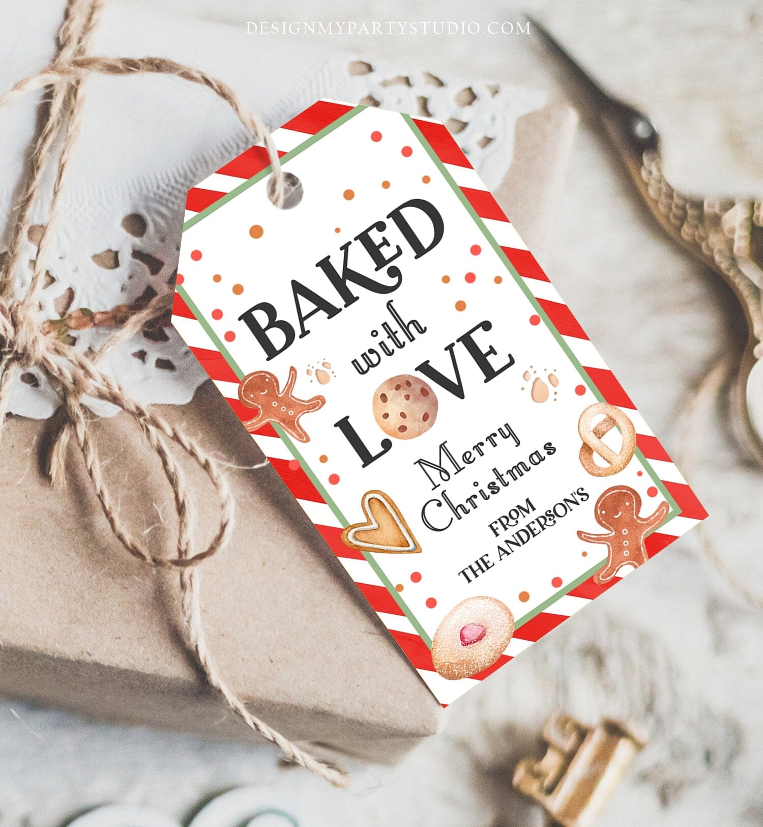 Editable Cookie Tag Baked With Love Tag Merry Christmas Favor Tag Cookie Gift Cookie Exchange Download Printable Template Corjl 0358 0443