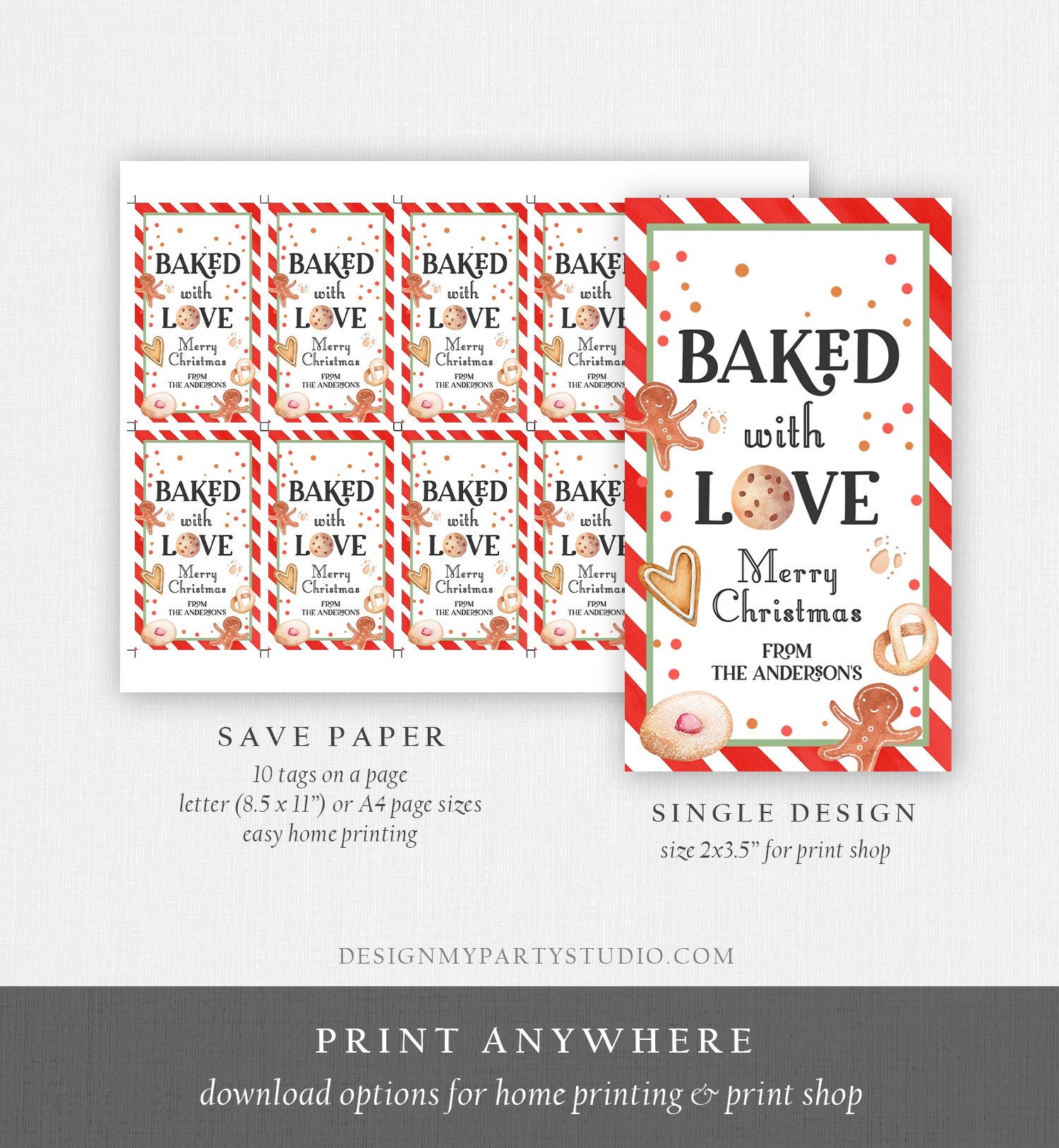 Editable Cookie Tag Baked With Love Tag Merry Christmas Favor Tag Cookie Gift Cookie Exchange Digital Download Template Printable 0358 0443