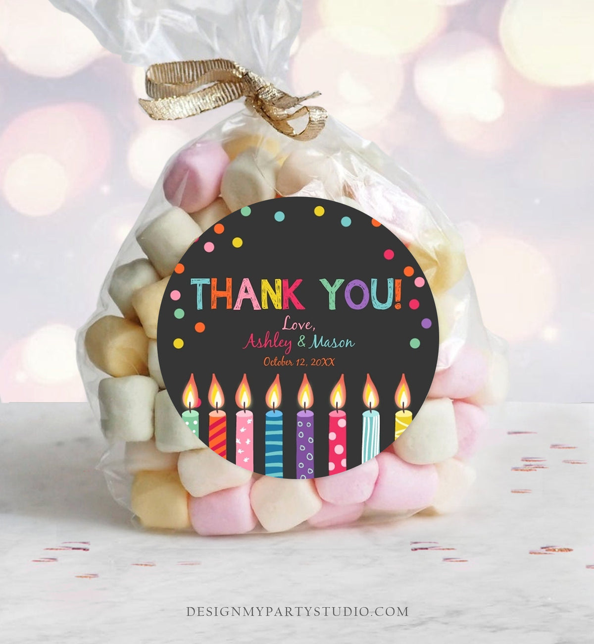 Editable Candles Favor Tags Joint Twin Birthday Thank You Tags Confetti Candle Colorful Square Round Corjl Template Printable 0277