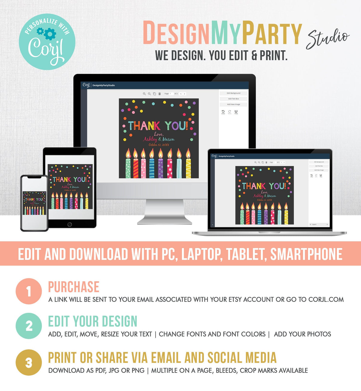 Editable Candles Favor Tags Joint Twin Birthday Thank You Tags Confetti Candle Colorful Square Round Corjl Template Printable 0277