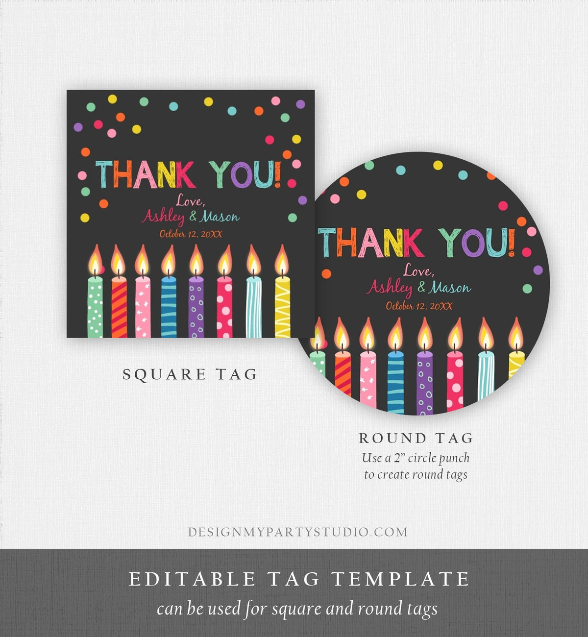 Editable Candles Favor Tags Joint Twin Birthday Thank You Tags Confetti Candle Colorful Square Round Corjl Template Printable 0277