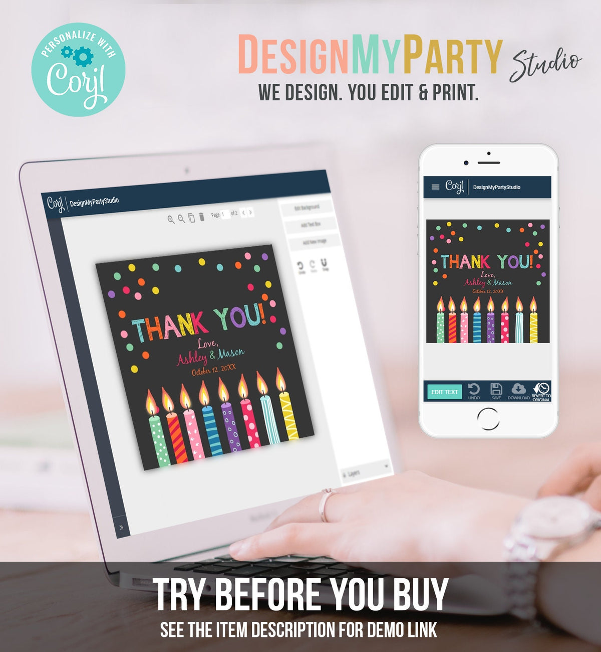 Editable Candles Favor Tags Joint Twin Birthday Thank You Tags Confetti Candle Colorful Square Round Corjl Template Printable 0277