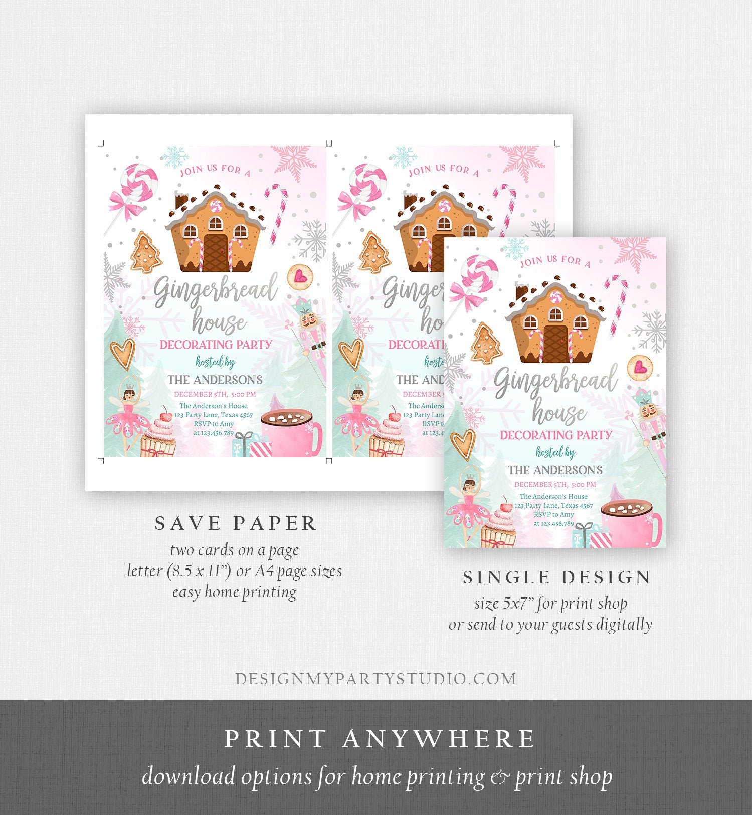 Editable Gingerbread House Decorating Party Invitation Land of Sweets Pink Silver Cookie Decorating Digital Download Template Printable 0352