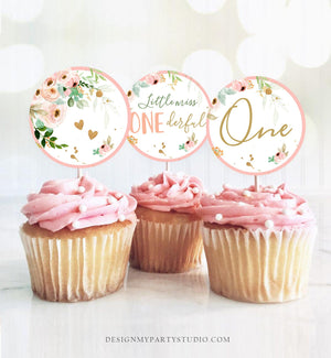 Little Miss Onederful Birthday Cupcake Toppers Favor Tags Girl First Birthday Party Decor Floral Pink Gold download Digital PRINTABLE 0147