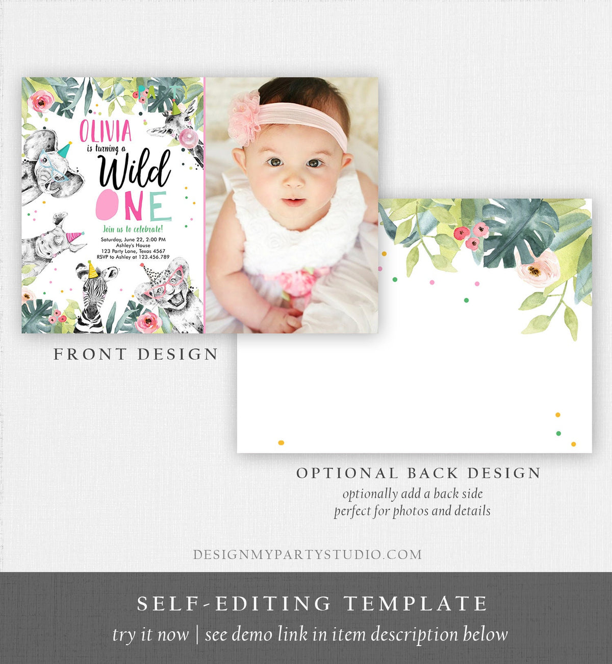 Editable Wild One Birthday Invitation Girl Safari Animals Invite Pink and Gold Party Animals First Birthday Corjl Template Printable 0322