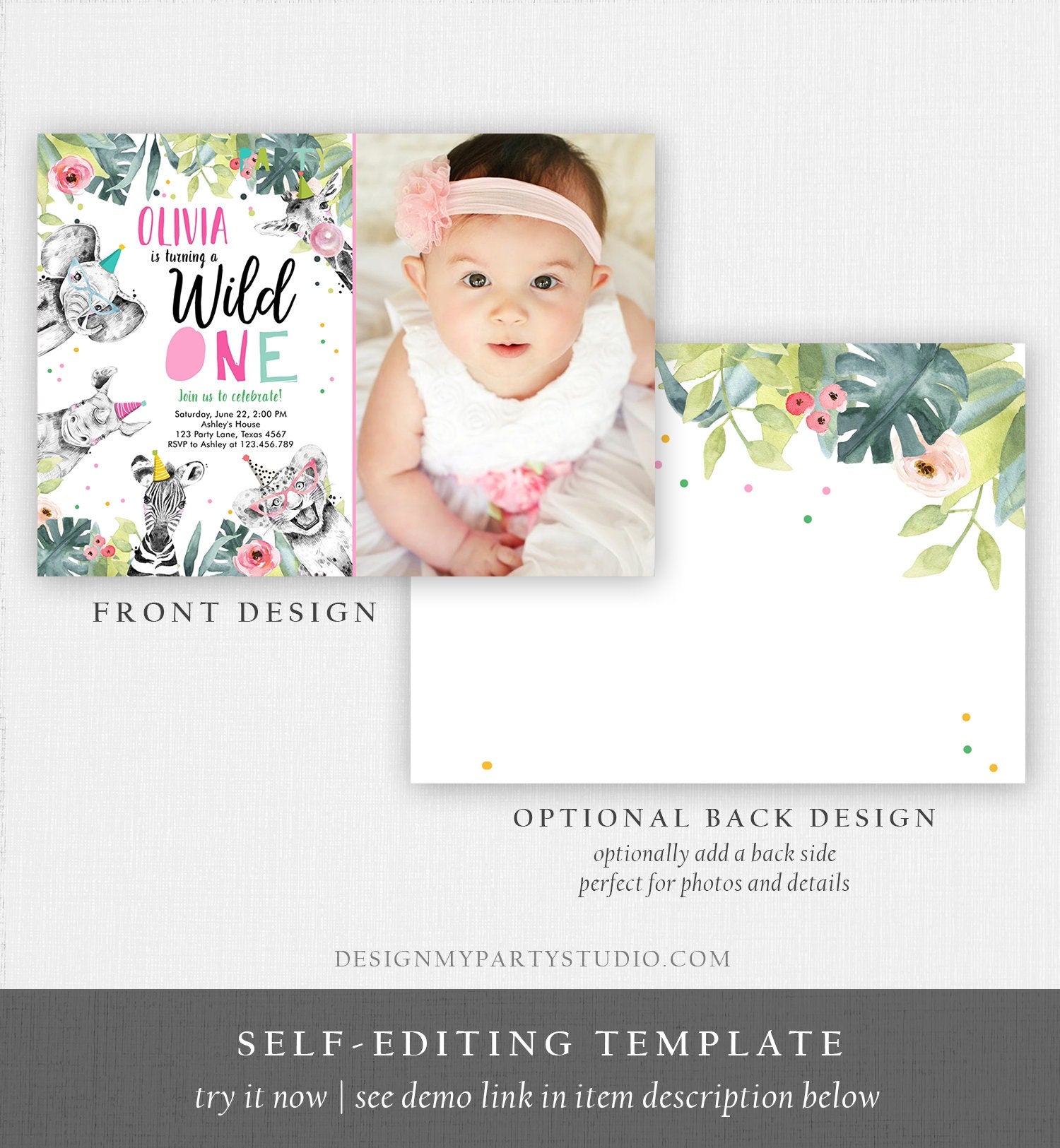 Editable Wild One Birthday Invitation Girl Safari Animals Invite Pink and Gold Party Animals First Birthday Corjl Template Printable 0322