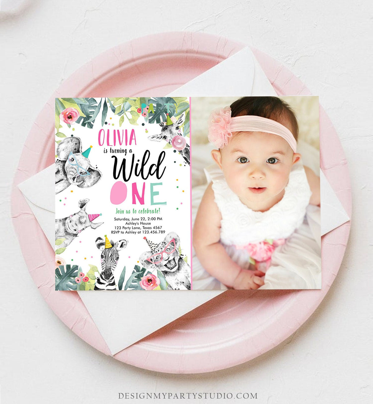 Editable Wild One Birthday Invitation Girl Safari Animals Invite Pink and Gold Party Animals First Birthday Corjl Template Printable 0322