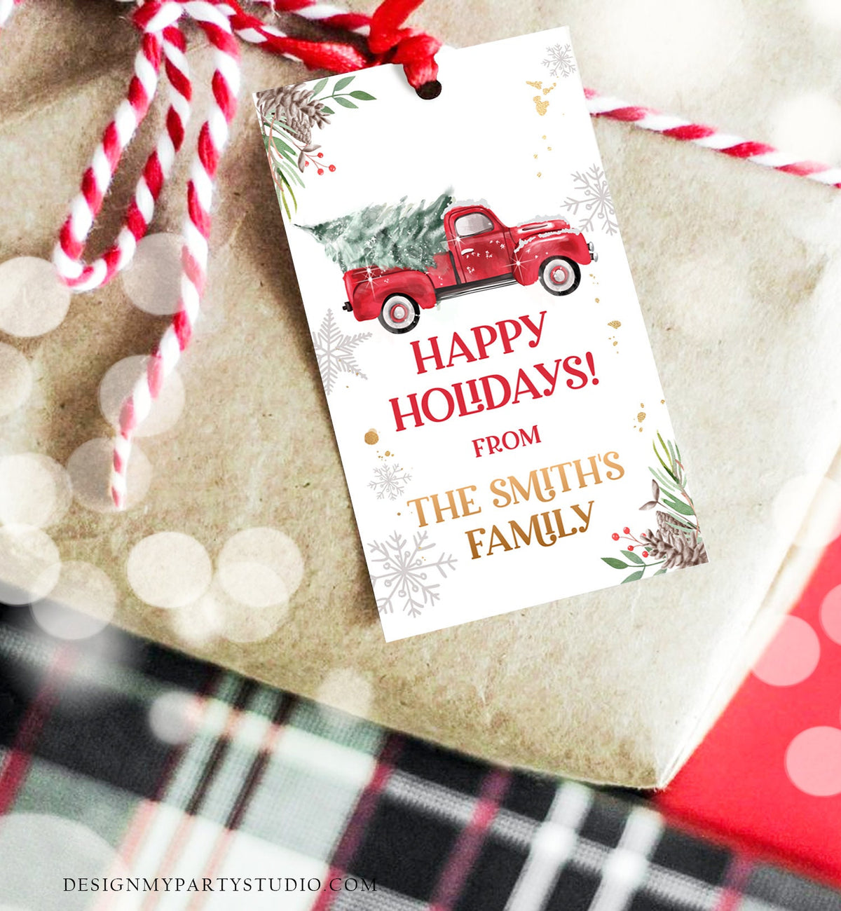 Editable Happy Holidays Favor Tag Winter Red Truck Christmas Baby Bridal Shower Thank You Gift Digital Download Template Printable 0356