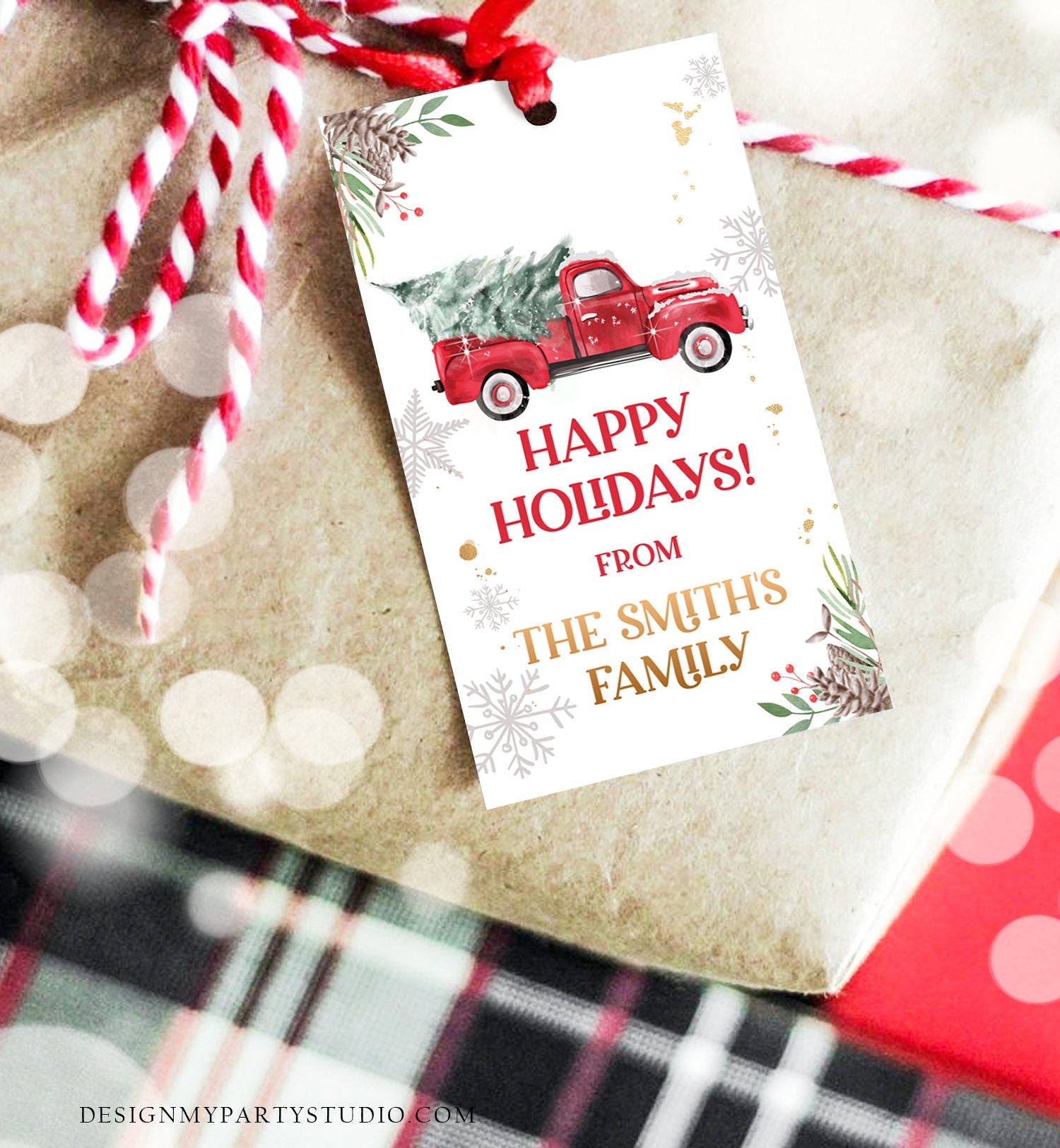 Editable Happy Holidays Favor Tag Winter Red Truck Christmas Baby Bridal Shower Thank You Gift Digital Download Template Printable 0356
