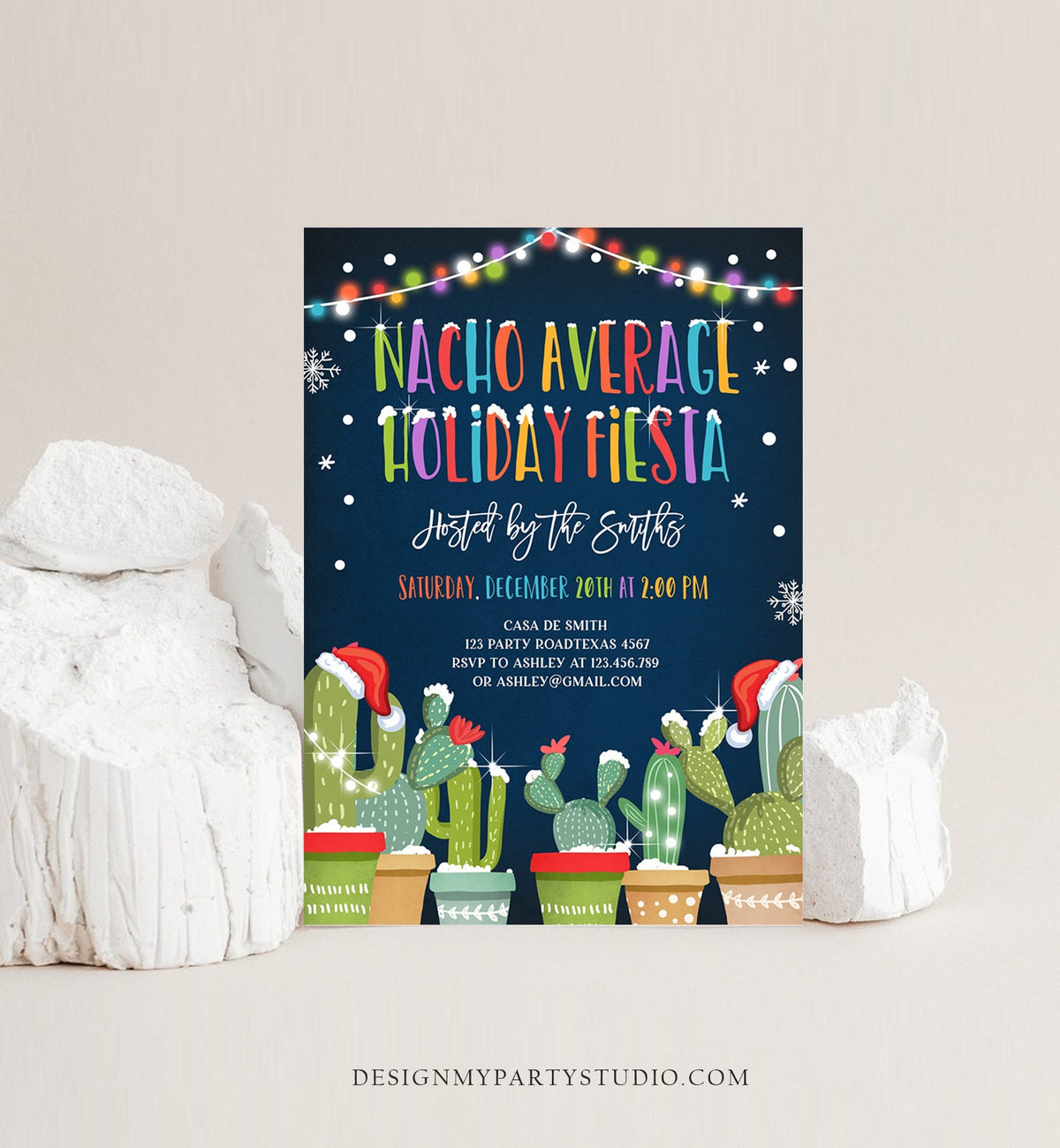 Editable Nacho Average Holiday Fiesta Invitation Christmas Cactus Mexican Holiday Feliz Navidad Invite Digital Printable Corjl Template 0273