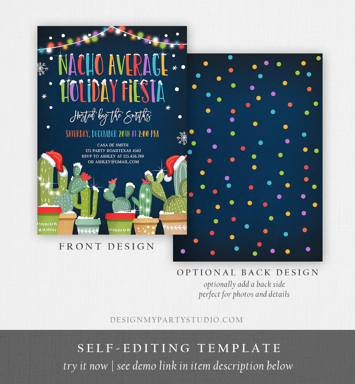 Editable Nacho Average Holiday Fiesta Invitation Christmas Cactus Mexican Holiday Feliz Navidad Invite Digital Printable Corjl Template 0273
