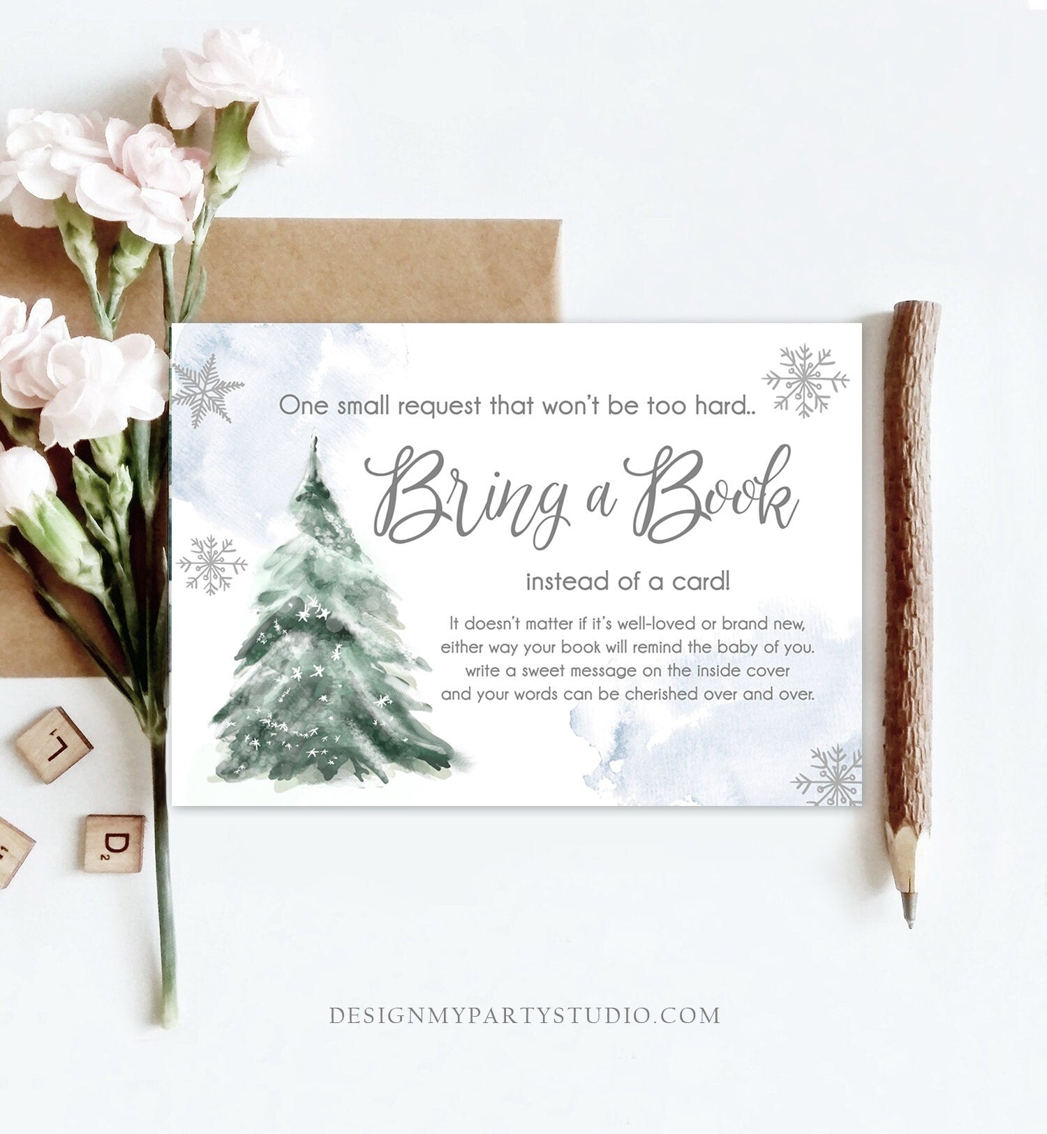 Editable Bring a Book Card Baby It's Cold Outside Baby Shower Winter Snow Boy Watercolor Books Baby Request Corjl Template Printable 0363