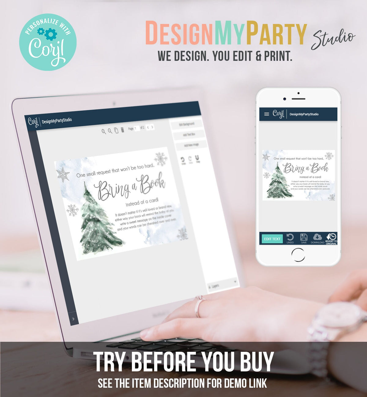 Editable Bring a Book Card Baby It&#39;s Cold Outside Baby Shower Winter Snow Boy Watercolor Books Baby Request Corjl Template Printable 0363