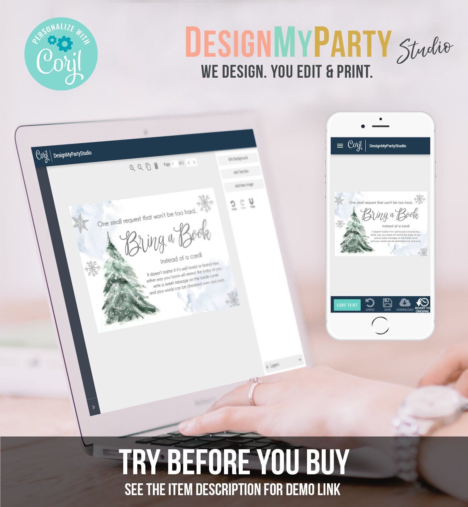 Editable Bring a Book Card Baby It's Cold Outside Baby Shower Winter Snow Boy Watercolor Books Baby Request Corjl Template Printable 0363