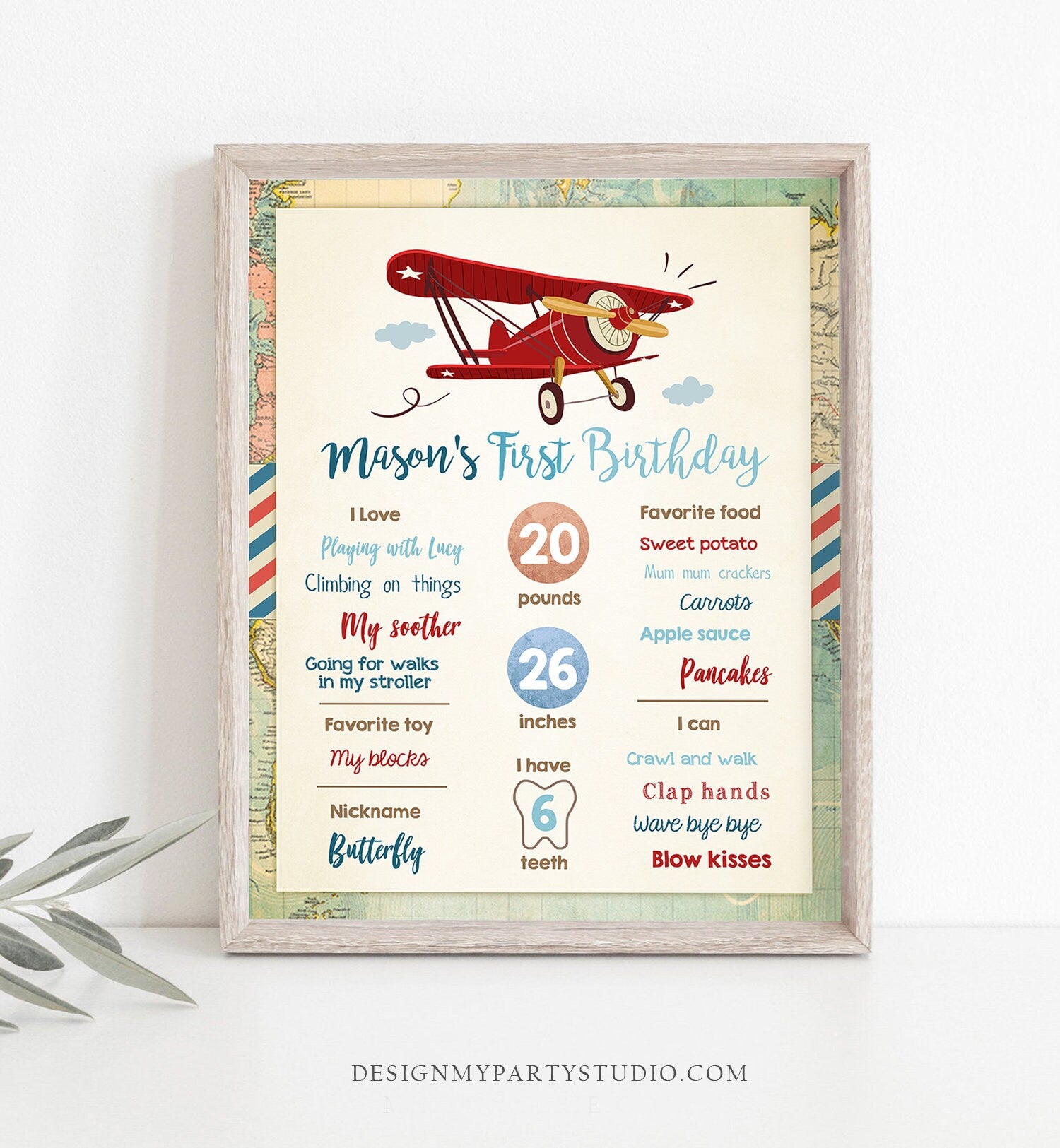 Editable Airplane Birthday Milestones Sign Aircraft Sky First Birthday Boy 1st Vintage Red Plane World Map Template Printable Corjl 0011