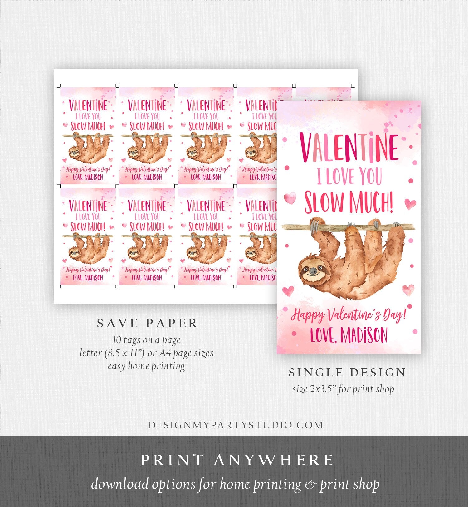Editable Valentine Sloth Favor Tag Thank You I Love You Slow Much Hanging Out Valentine's Day School Digital Corjl Template Printable 0370