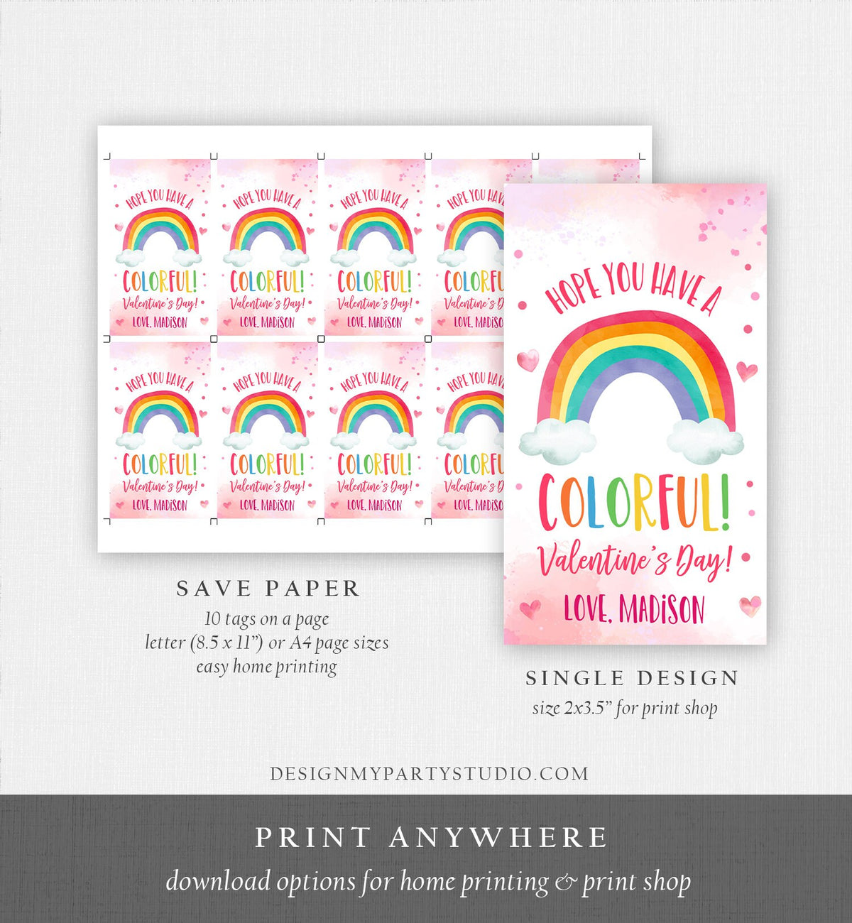 Editable Valentine Rainbow Favor Tag Thank You Over The Rainbow Colorful Valentine&#39;s Day School Digital Download Template Printable 0370