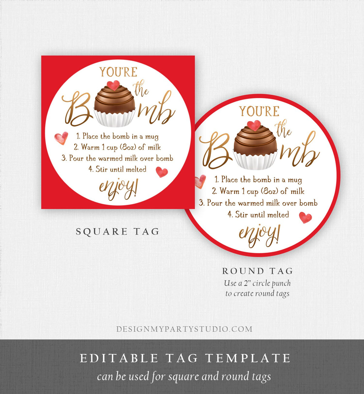 Editable Hot Chocolate Bomb Tag Valentine&#39;s Day Hot Cocoa Bomb You&#39;re The Bomb Heart Pink Valentine Gift Tag Digital Download Printable 0370