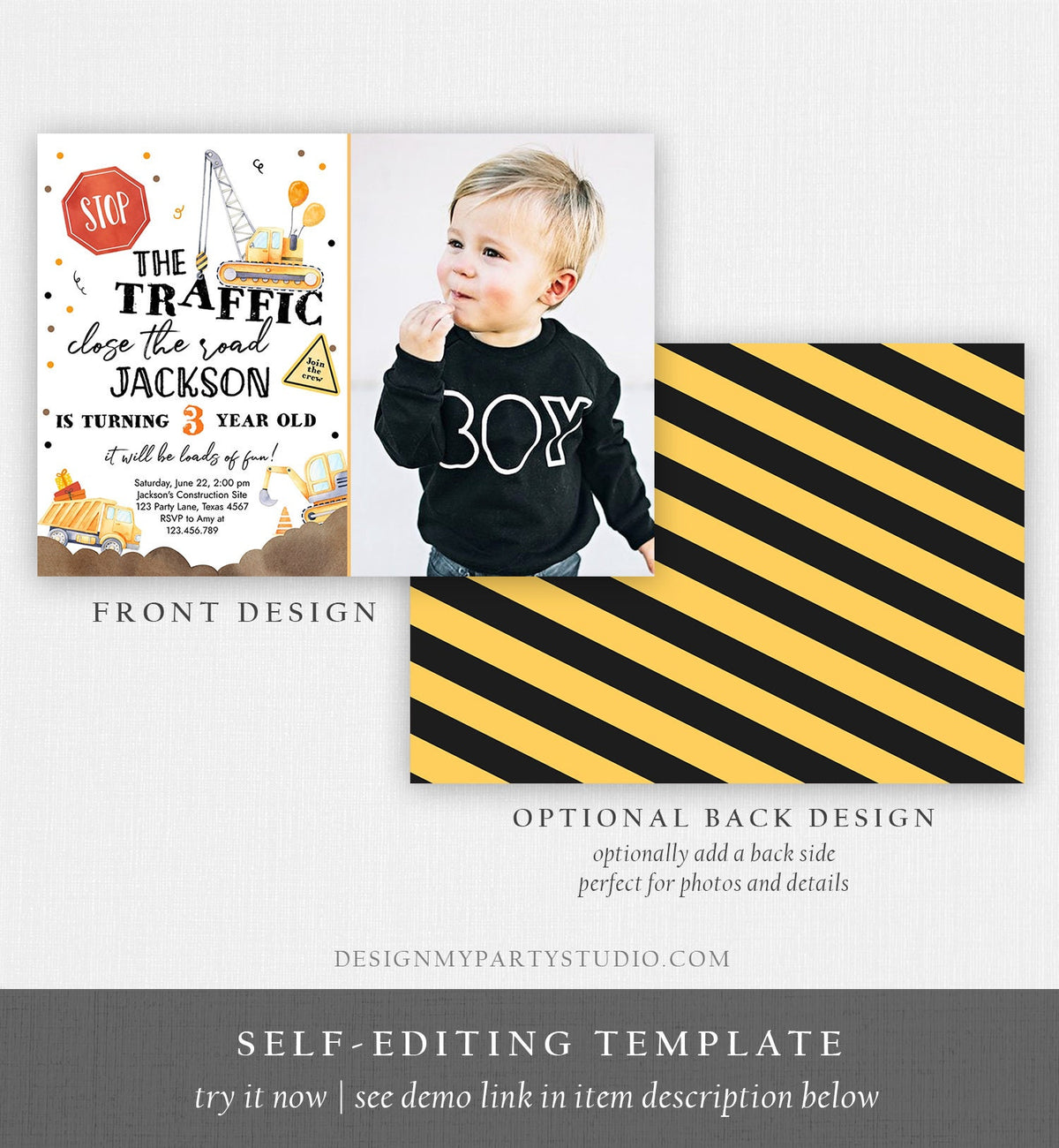 Editable Construction Birthday Invitation Yellow Dump Truck Excavator Caution Party Boy Digital Download Evite Template Printable 0374