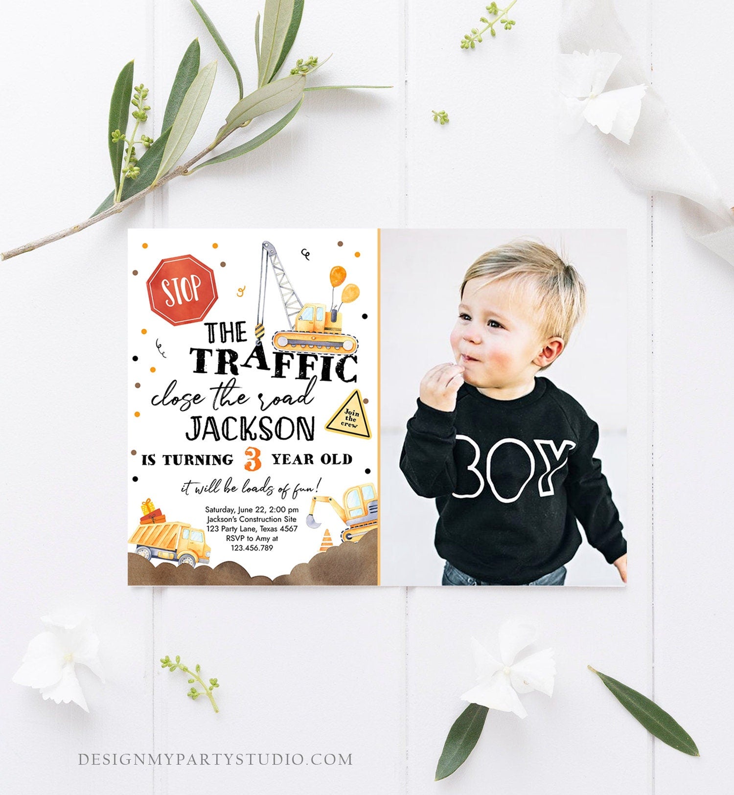 Editable Construction Birthday Invitation Yellow Dump Truck Excavator Caution Party Boy Digital Download Evite Template Printable 0374