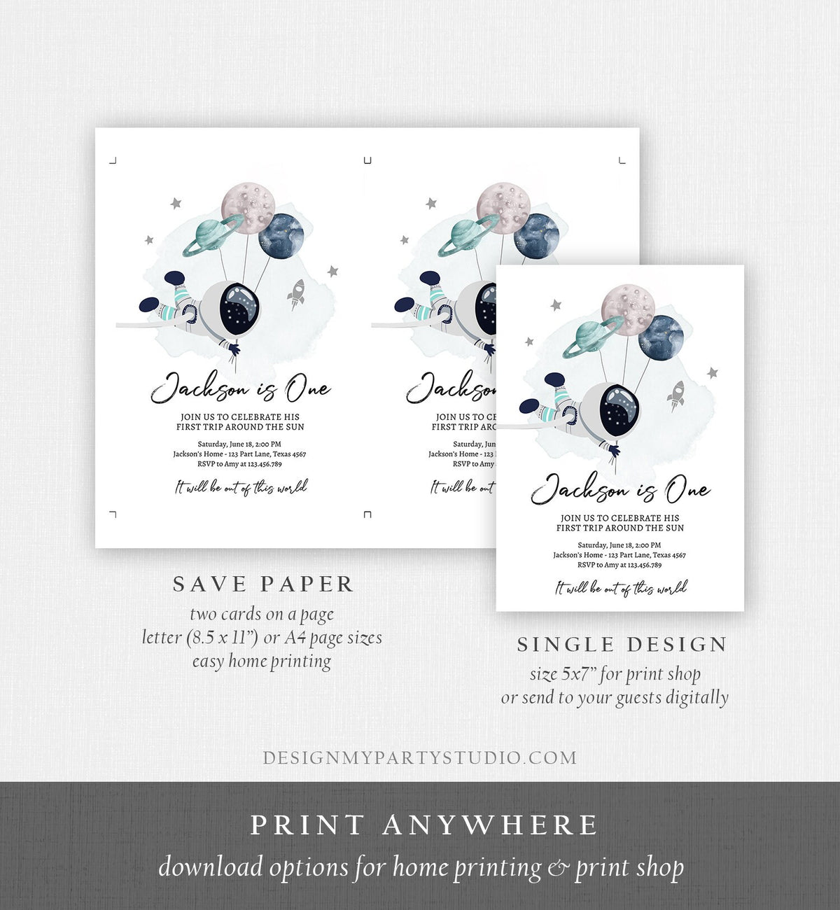 Editable Outer Space Birthday Invitation Out of this World Astronaut Trip Around the Sun Digital Download Evite Template Printable 0366