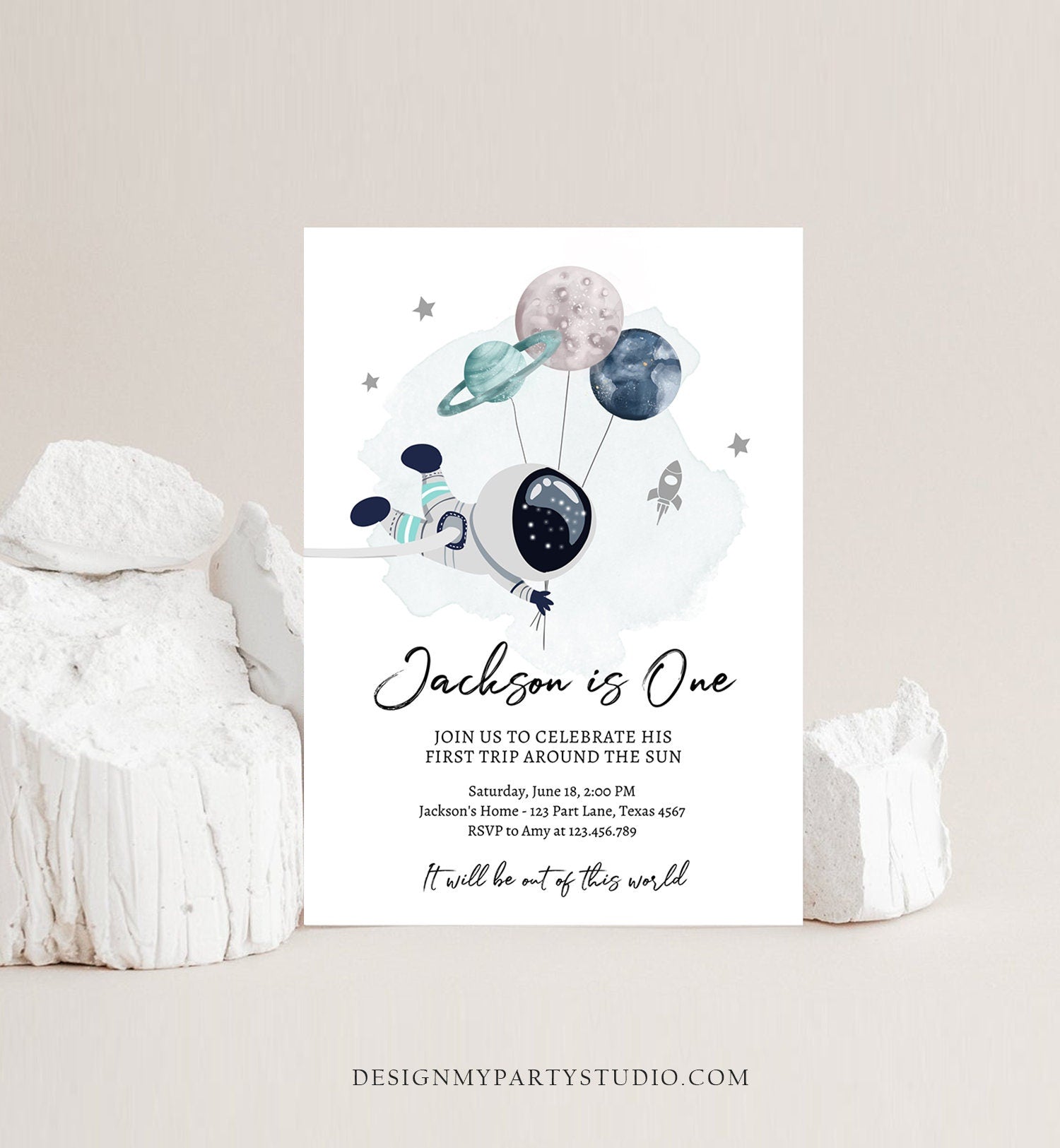 Editable Outer Space Birthday Invitation Out of this World Astronaut Trip Around the Sun Download Printable Template Digital Corjl 0366