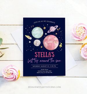 Editable Outer Space Girl First Birthday Invitation Galaxy Blast Off First Trip Around the Sun Pink Download Printable Template Corjl 0357