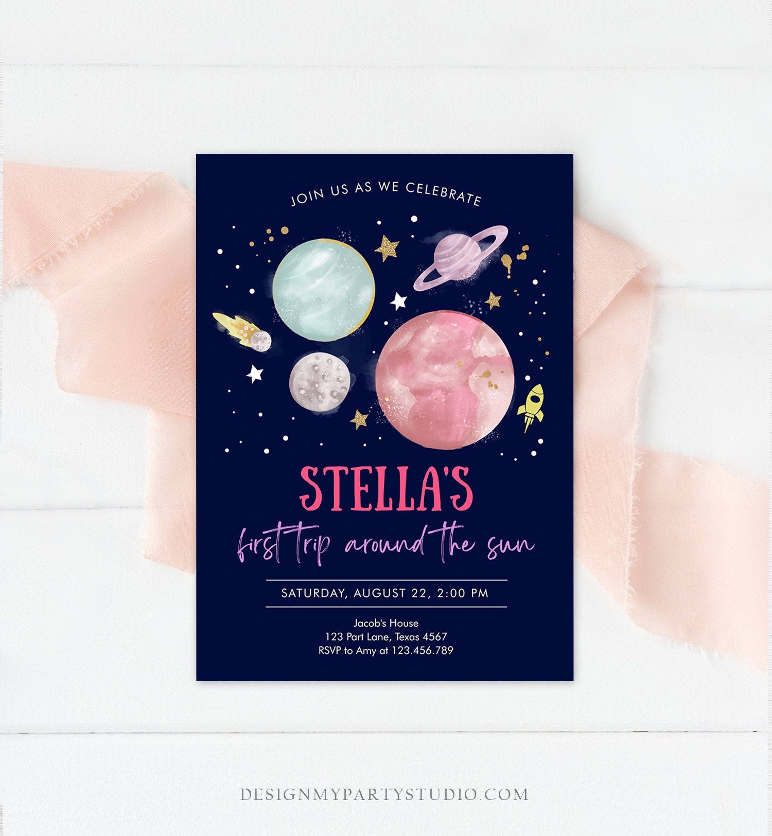 Editable Outer Space Girl First Birthday Invitation Galaxy Blast Off First Trip Around the Sun Pink Digital Evite Template Printable 0357