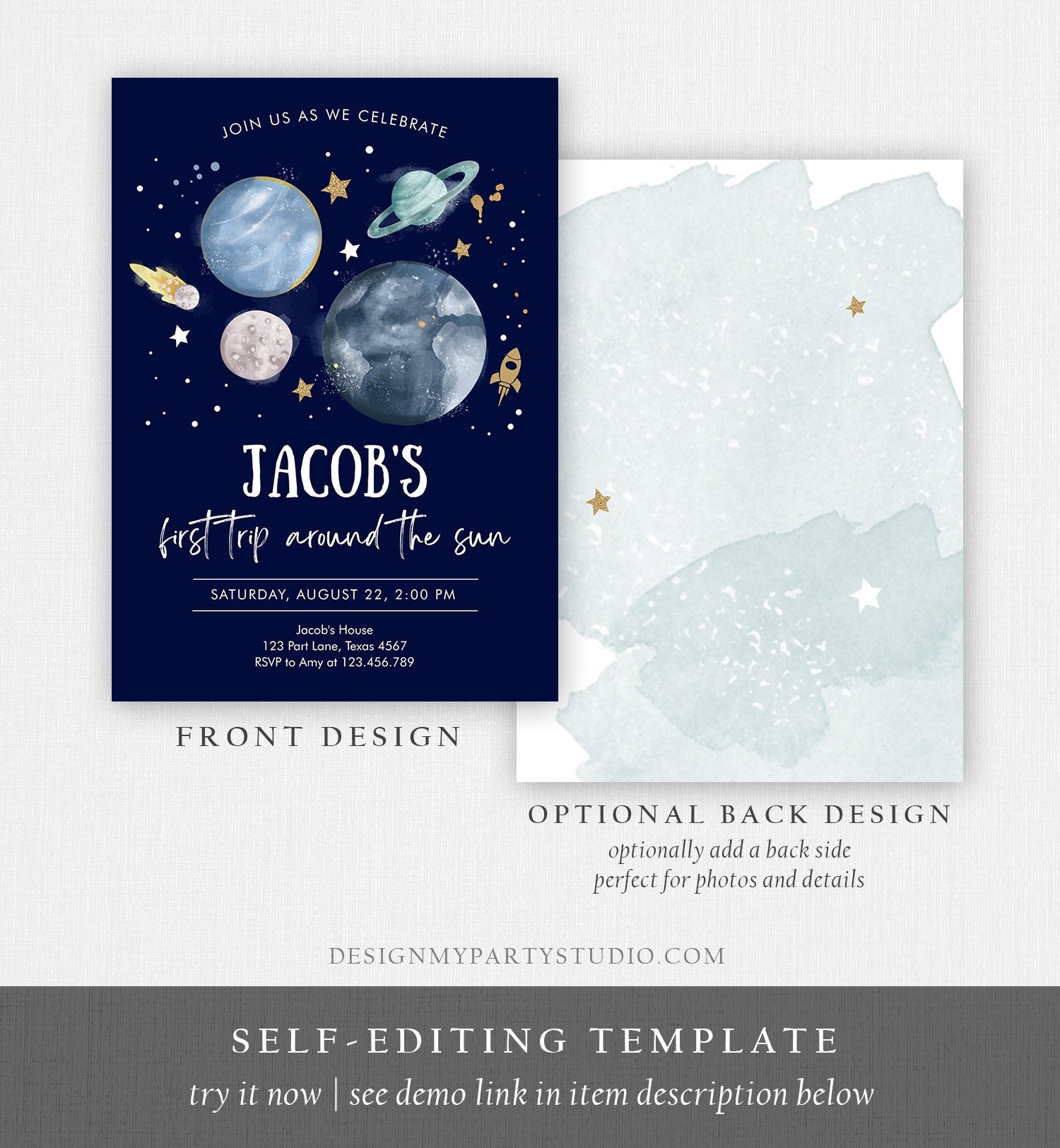 Editable Outer Space First Birthday Invitation Galaxy Blast Off First Trip Around the Sun Digital Download Evite Template Printable 0357