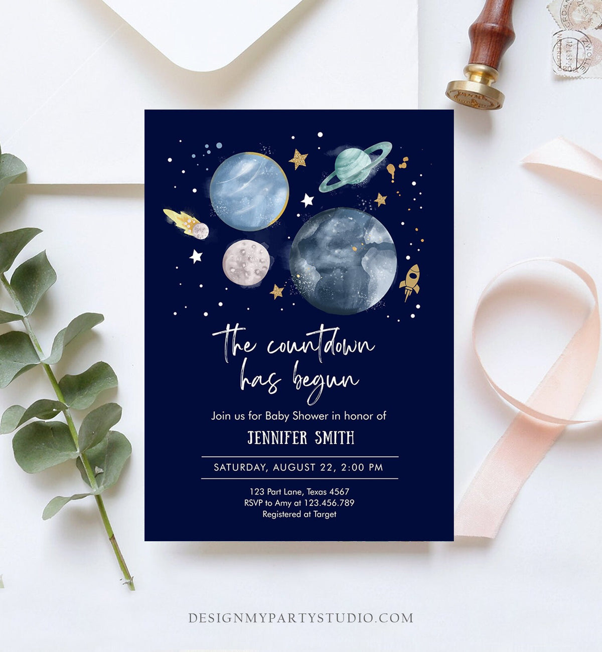 Editable Space Baby Shower Invitation Galaxy Outer Space It&#39;s a Boy Blue Planets Moon Countdown Digital Download Template Printable 0357